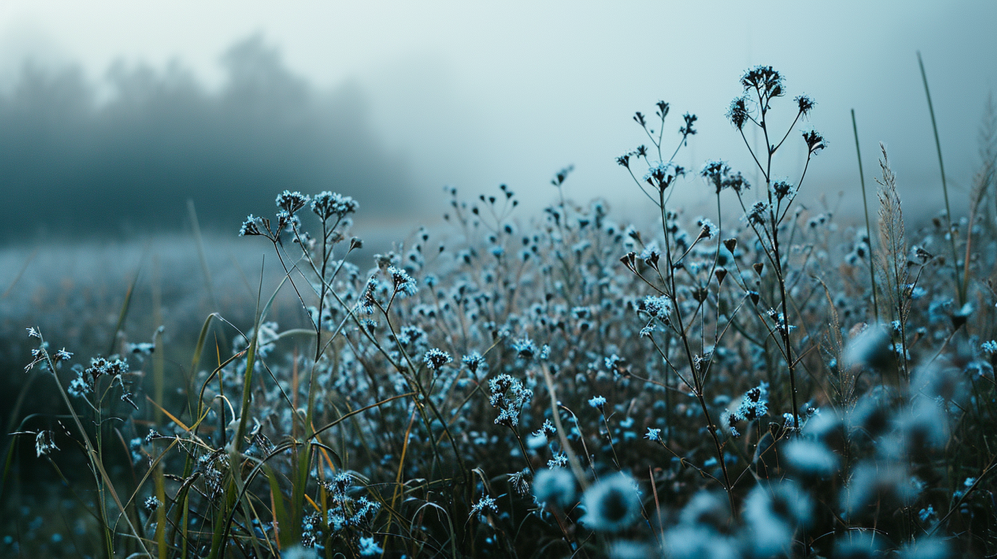 4. Lovely blue flowers in a foggy field