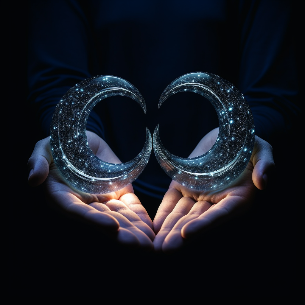 Crescent moons in a hand with light