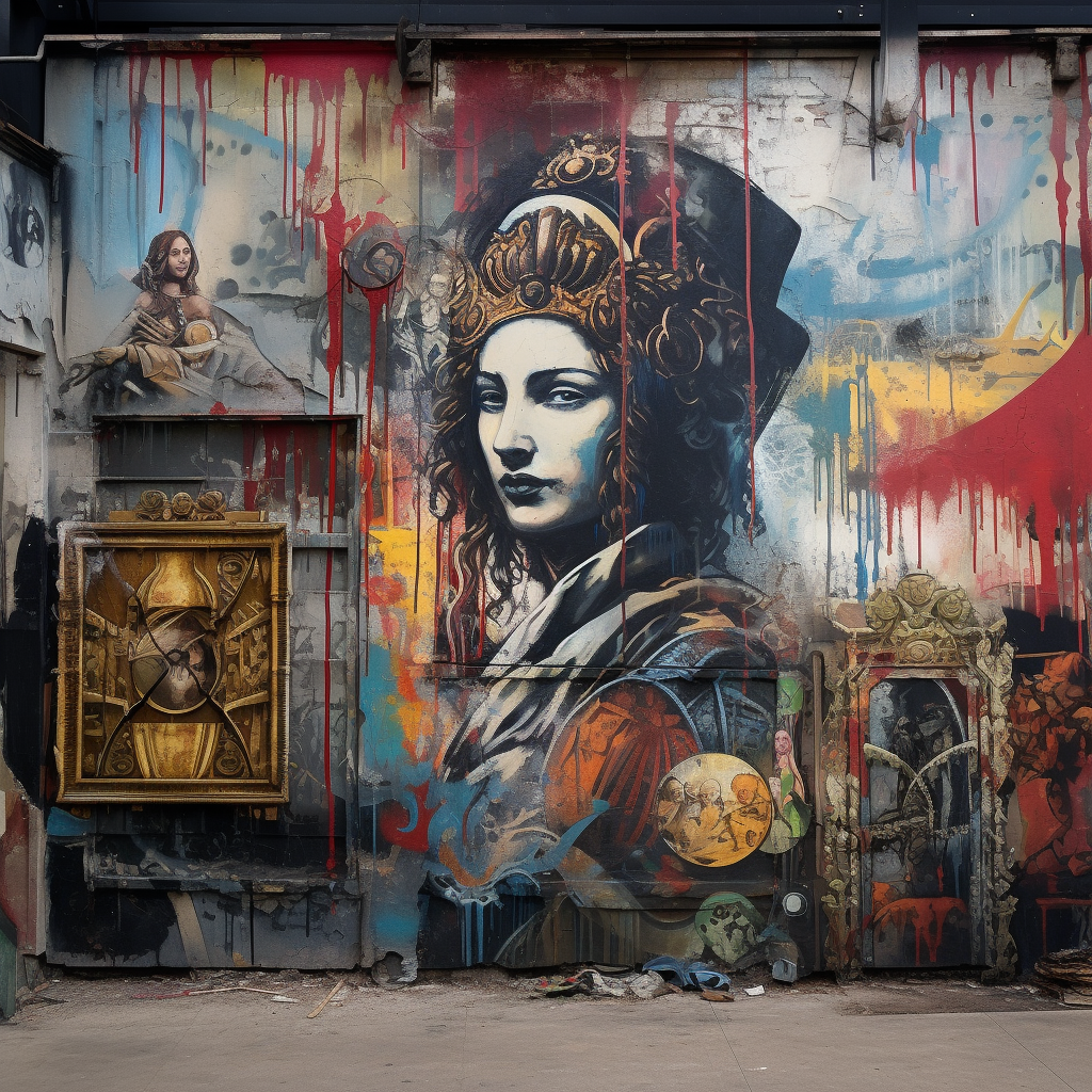 4. Vandalized wall with hyperrealistic renaissance scene