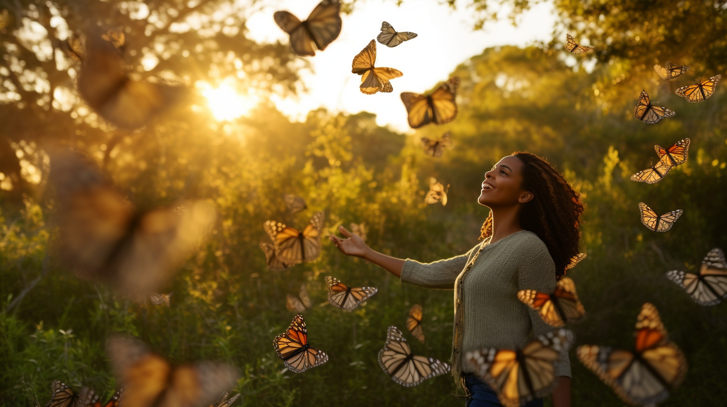 4. Happy black woman in meadow with butterflies