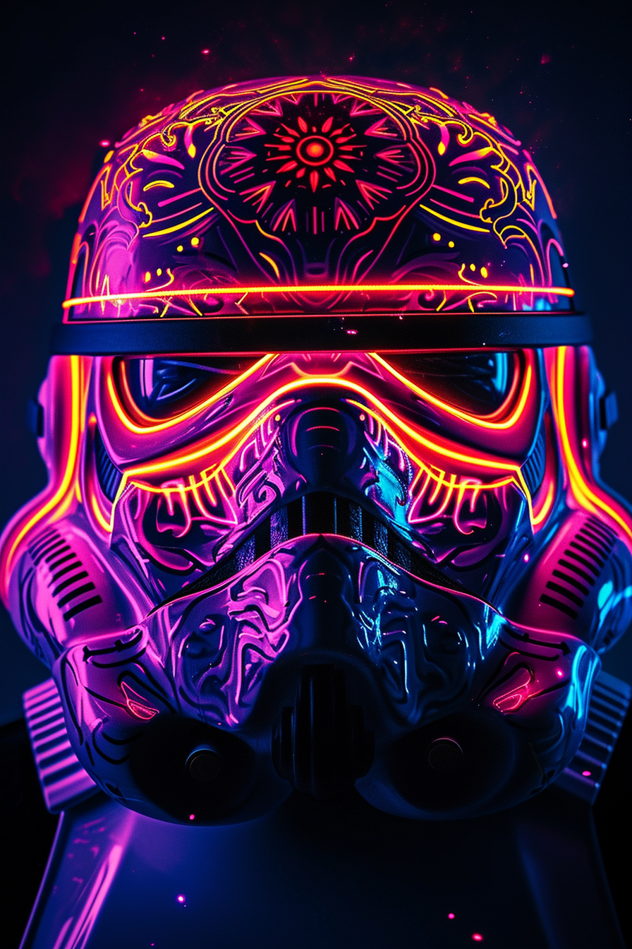 4. Intricate stormtrooper helmet artwork glowing in neon lights.