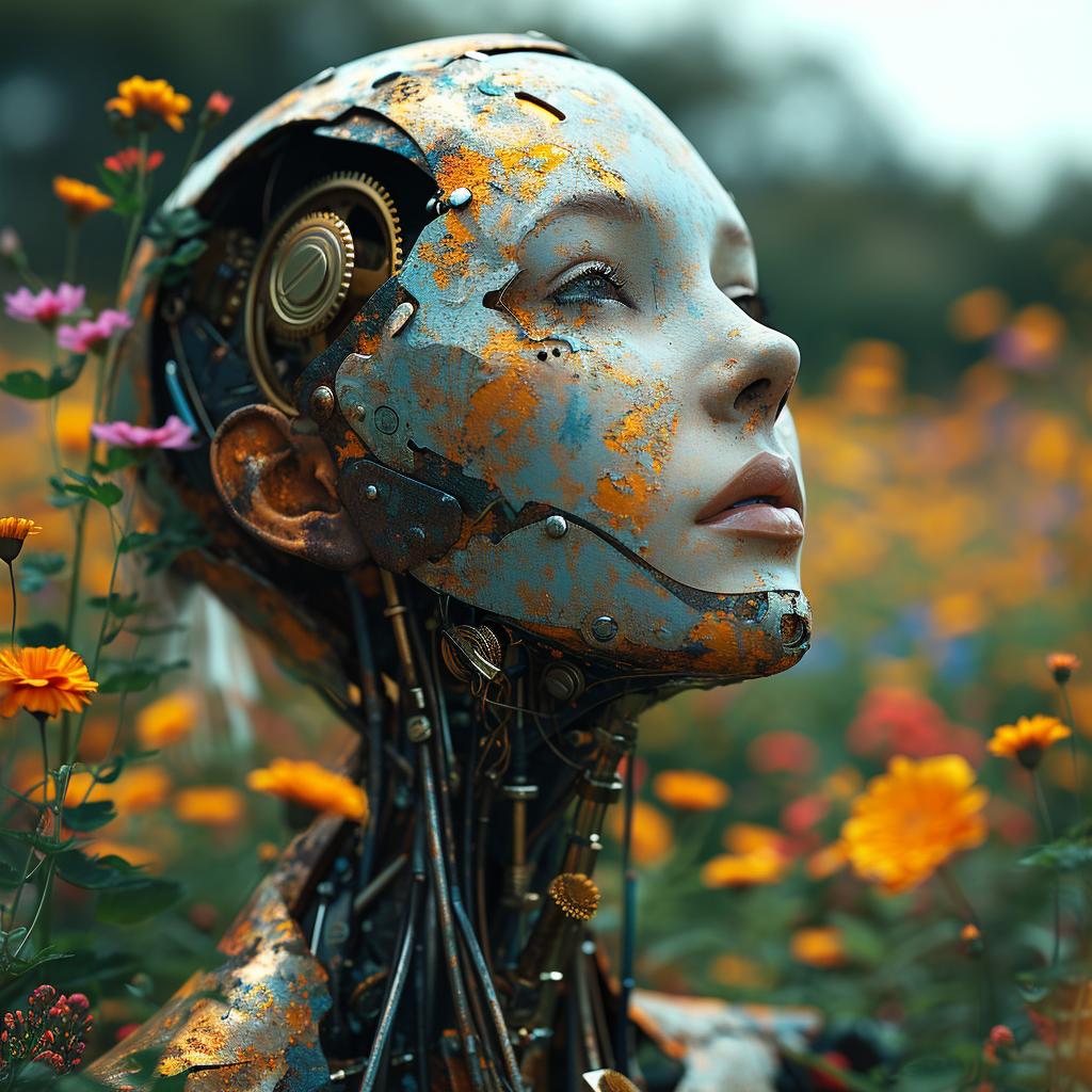 4. Image of a rusty cyborg bride surrounded by flowers