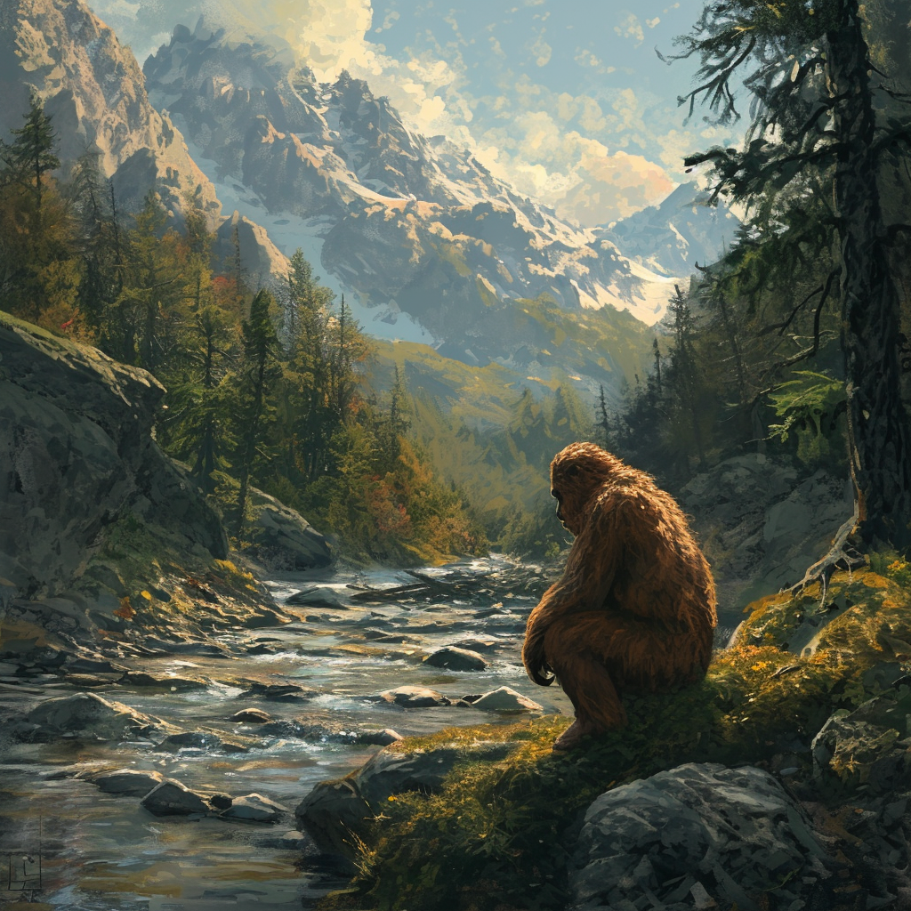 4.  Sasquatch observing fish in mountain stream