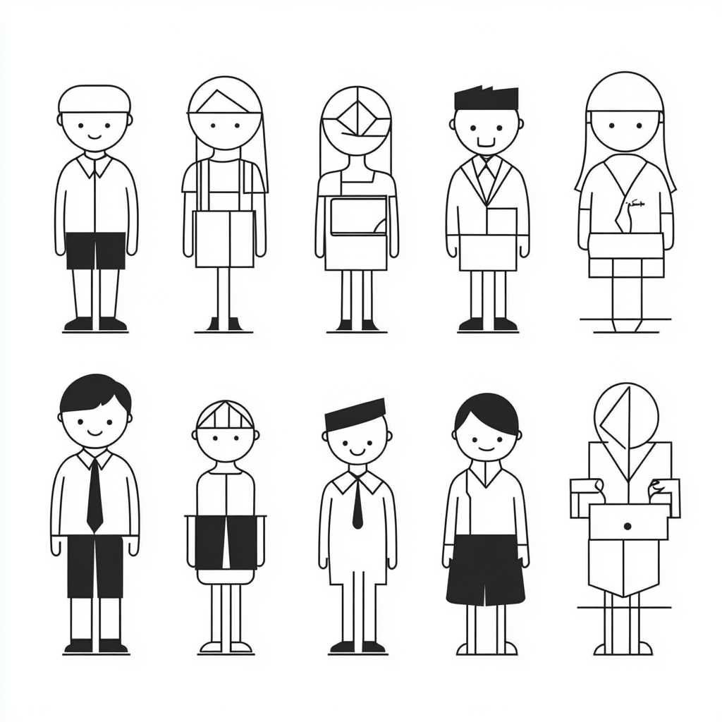 10 vector characters: teachers, principals, school staff, board members, elementary students.