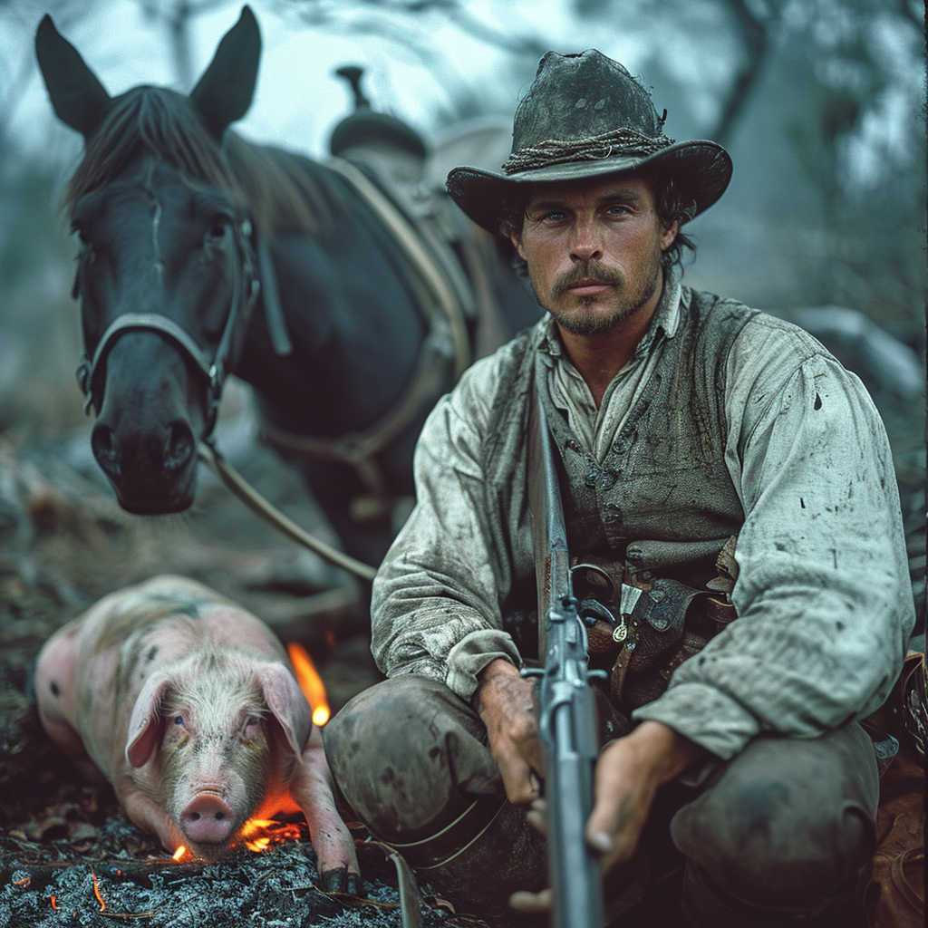 1800s Man with Winchester Rifle by Fire