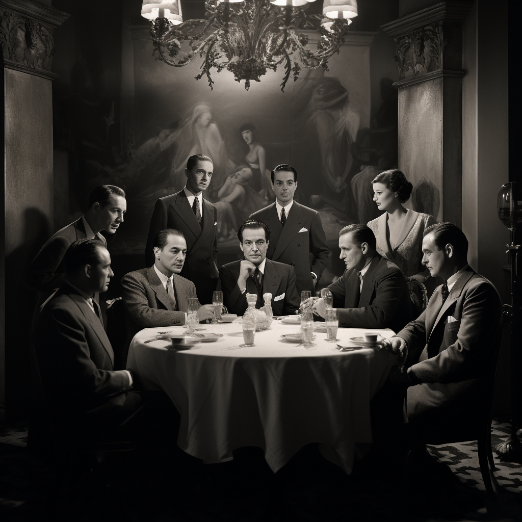 1950s table with mobsters in Italian restaurant