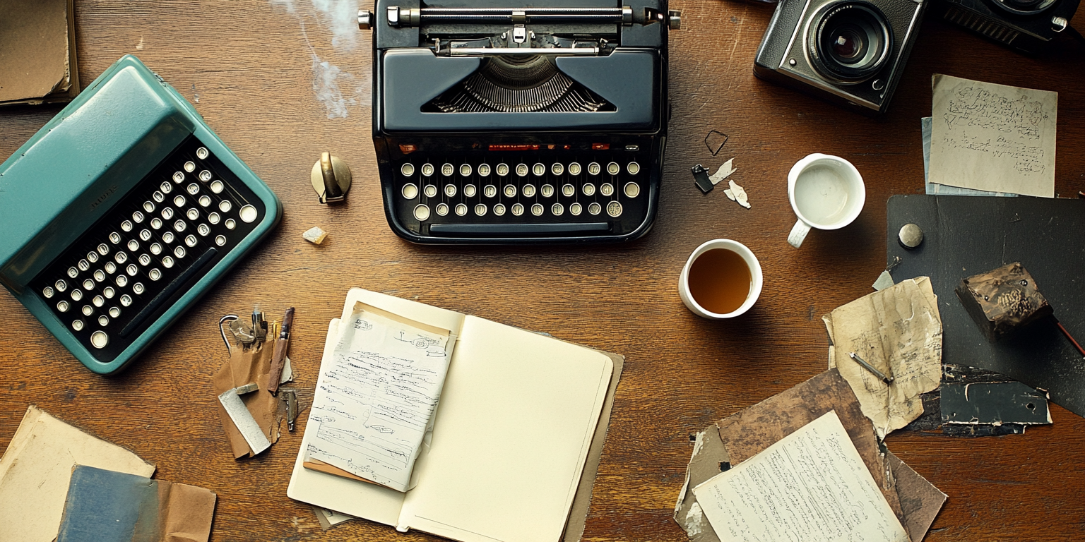 1970s Journalist Table with Coffee, Cigarettes, Typewriter 