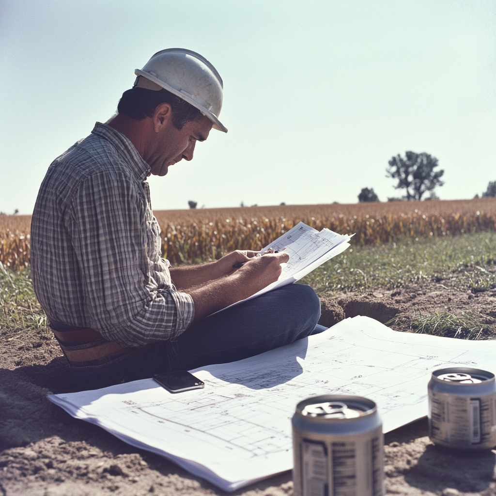 1970s Man Reading Construction Plans in Corn Field Vintage Portrait