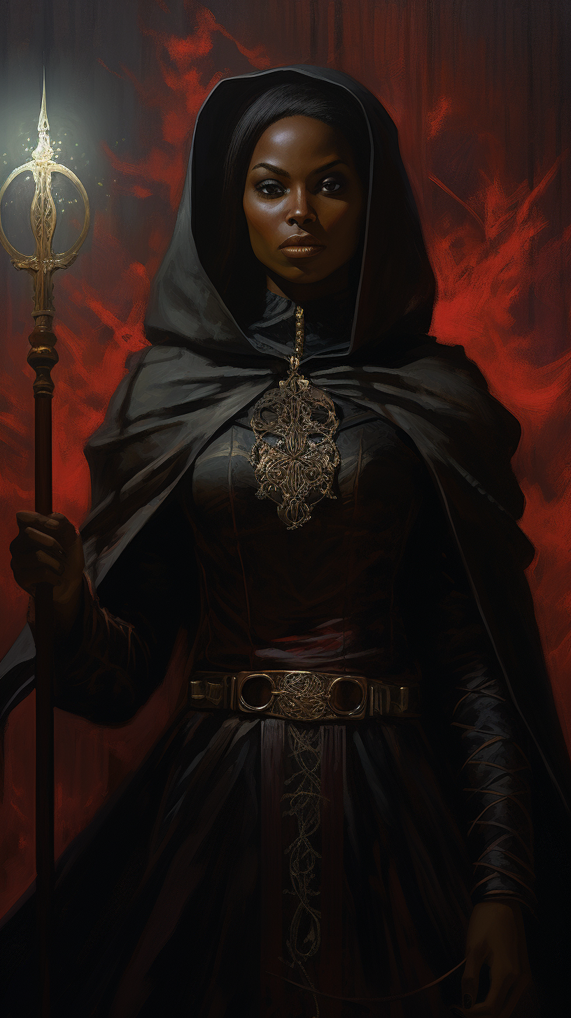 Dark Skinned Female Wizard in 1970s Fantasy Gothic