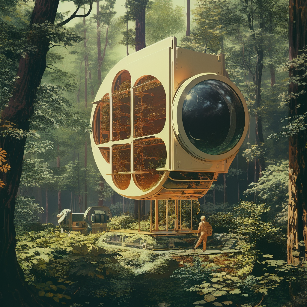 1970s sci-fi forest speaker solarpunk