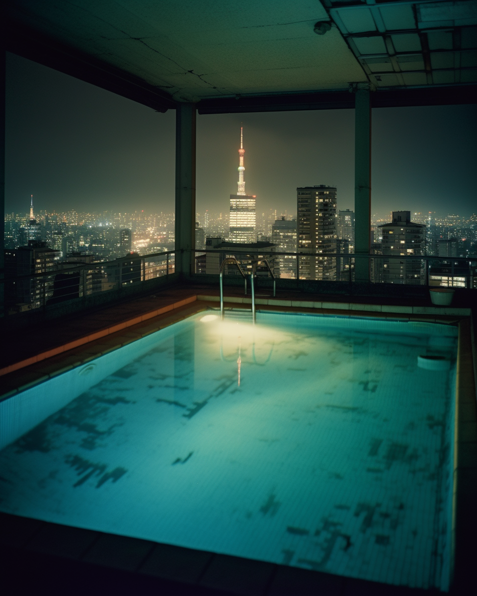 Swimming pool in 1980s Tokyo at night