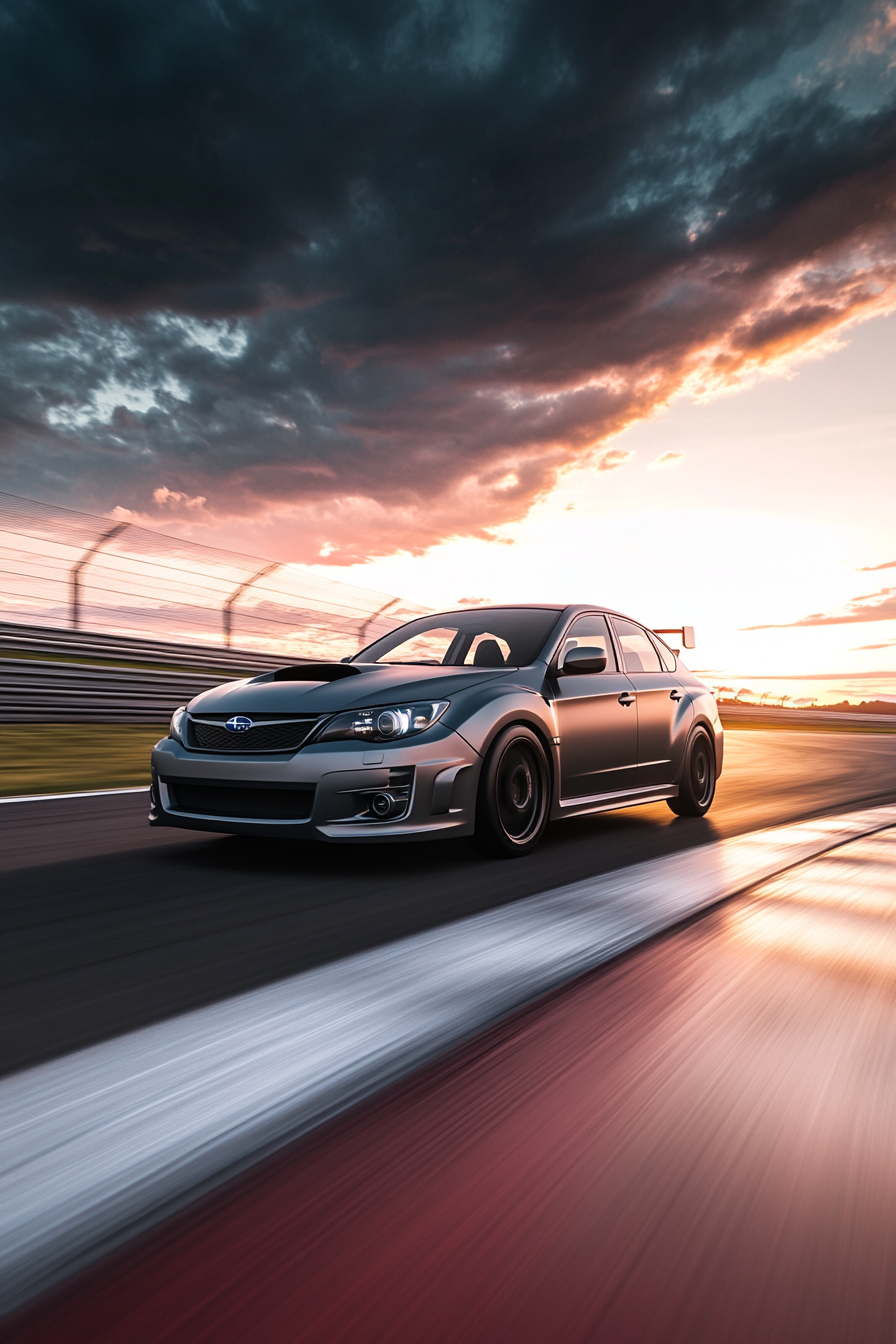 2012 Subaru Impreza Hatchback racing at sunset on track.