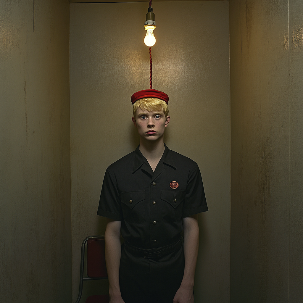 25-year-old man in diner uniform with fool's hat