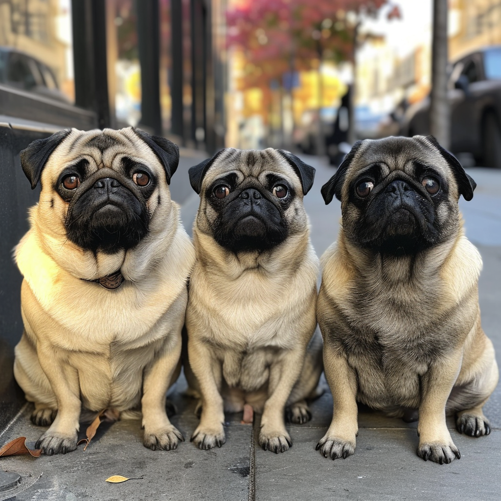 3 pugs sitting on sidewalk