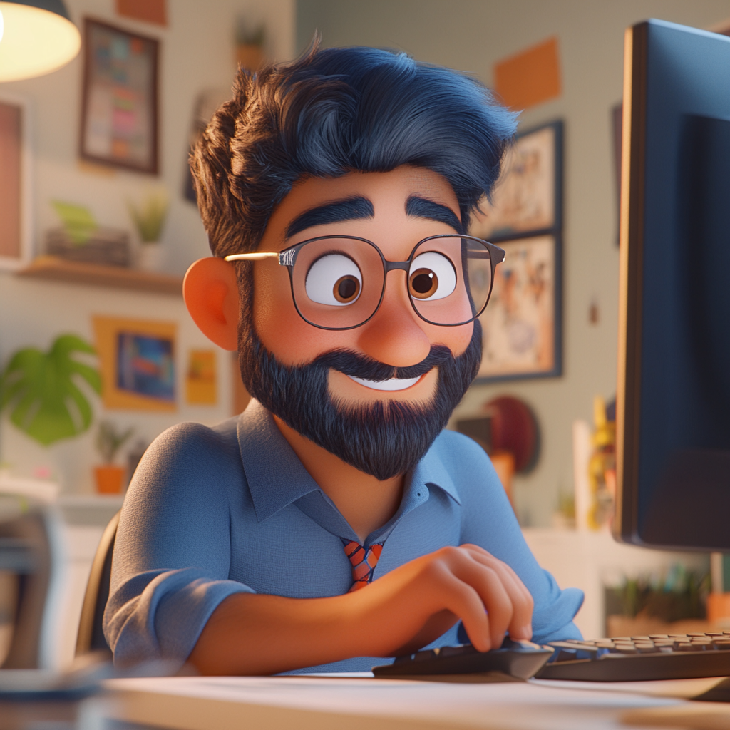 3D Pixar theme of happy Hispanic man working on computer.