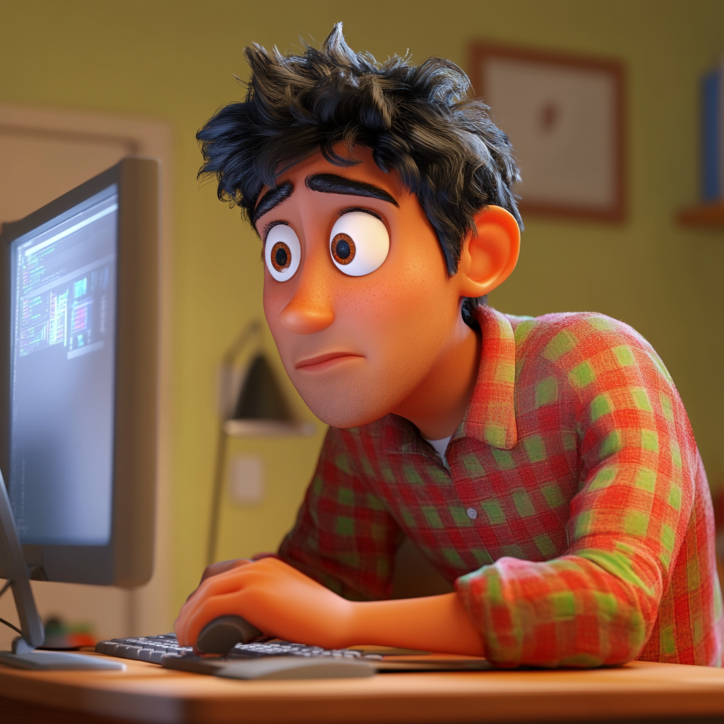 3D Pixar-themed art, Hispanic man working on computer.