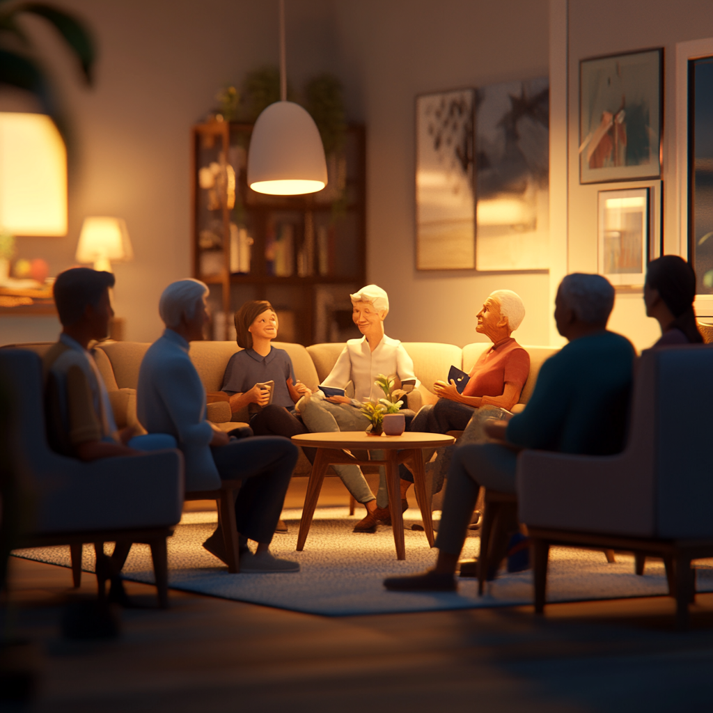 3D animation of cozy home with diverse people interacting.