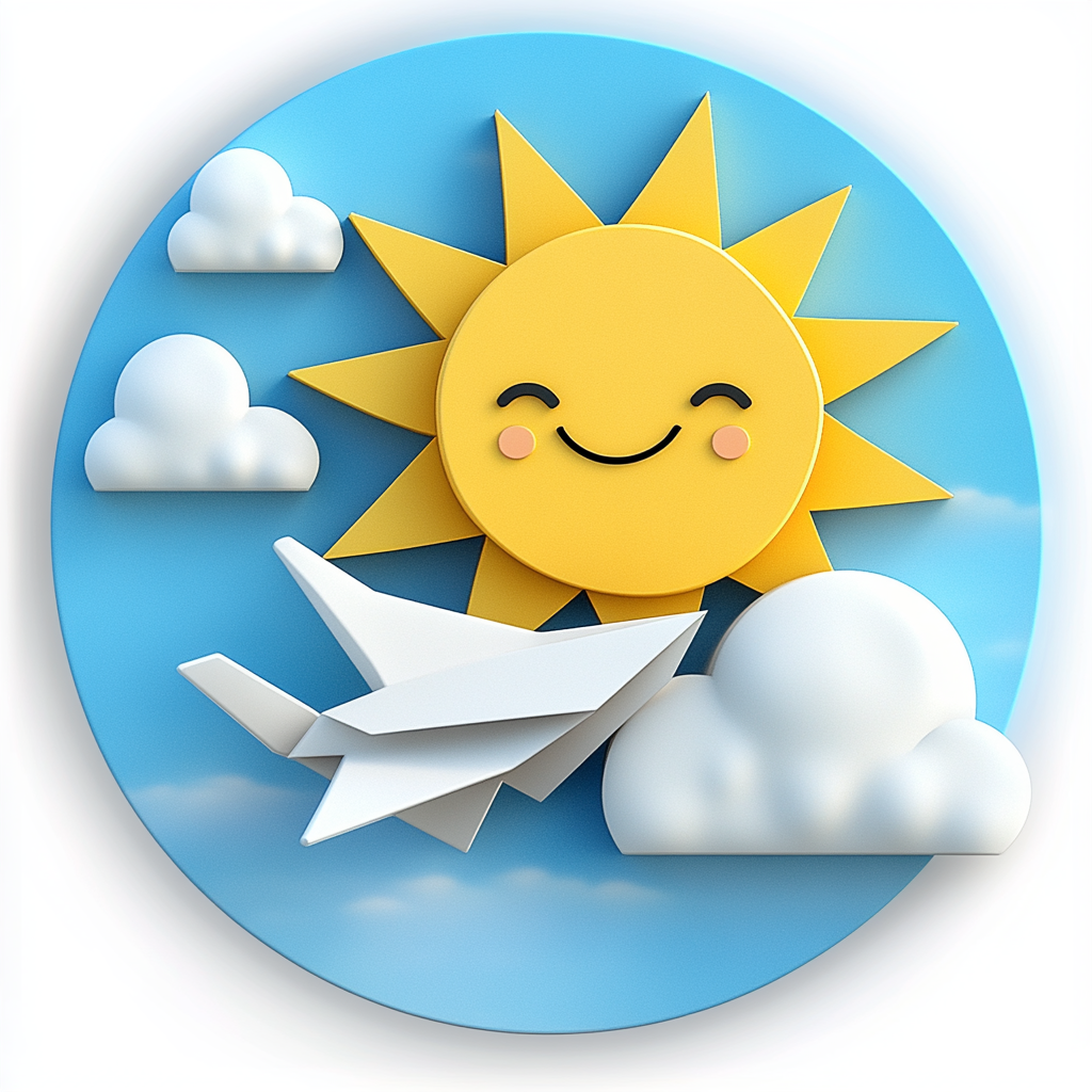 3D circular logo with smiley sun and paper airplane.