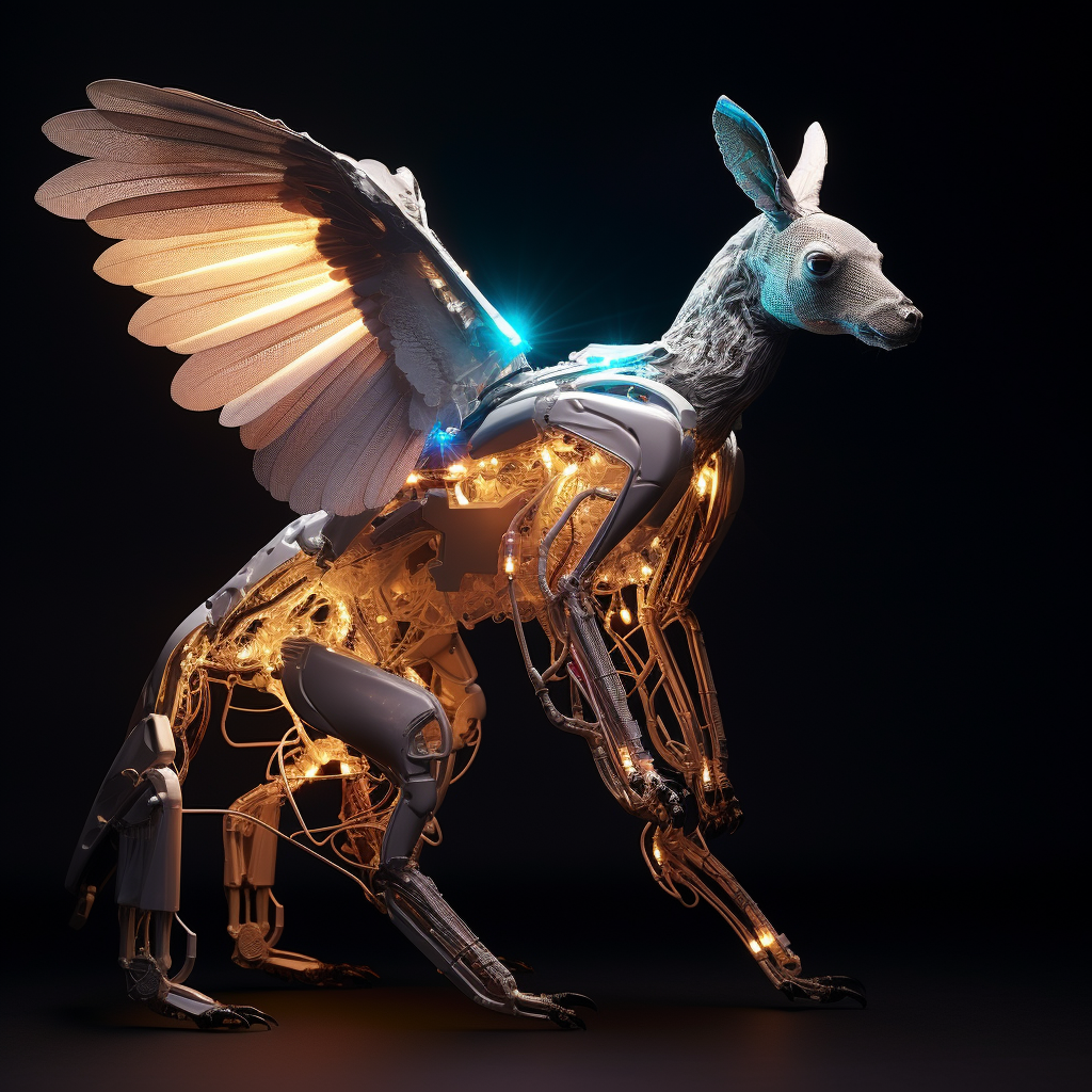 3D kangaroo with robotic exoskeleton and animated light particle wings