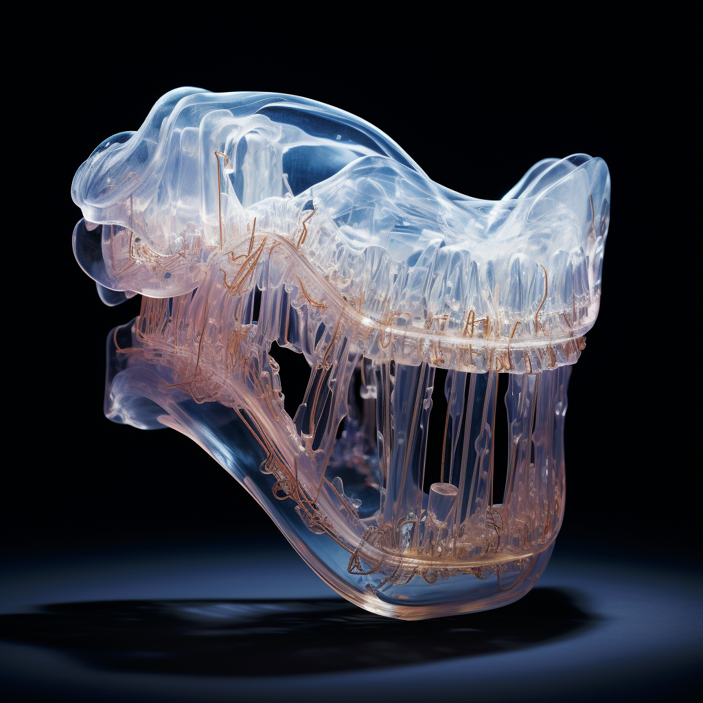 3D tooth with wired mapping and glass texture.