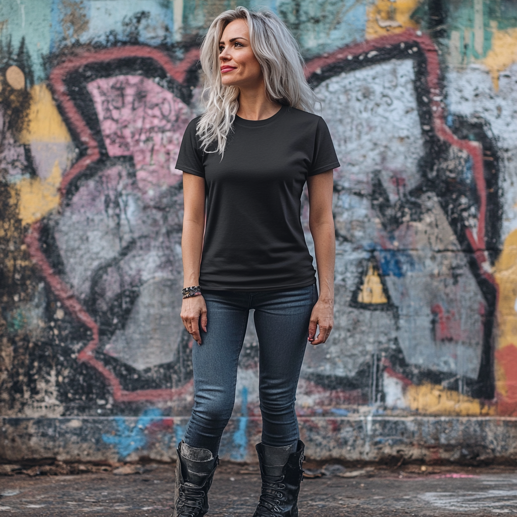 40-something woman wears full black blank t-shirt mockup