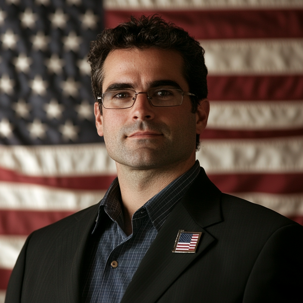 42-year-old American male Mayor with flag background, 2006 photo.