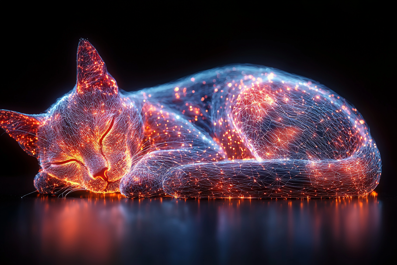 A 3D geometric neon cat in black void.