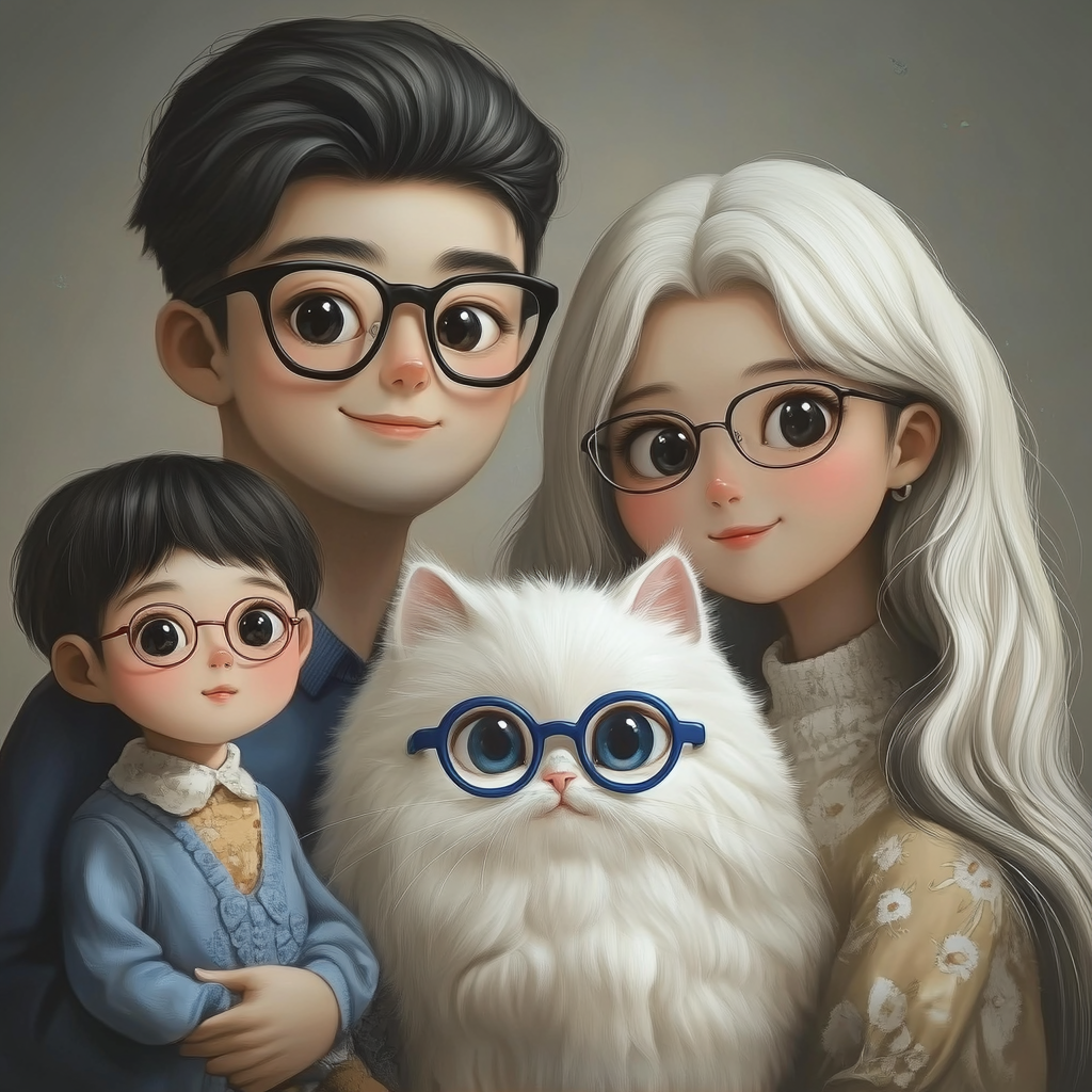 A Chinese family with two kids and a cat.