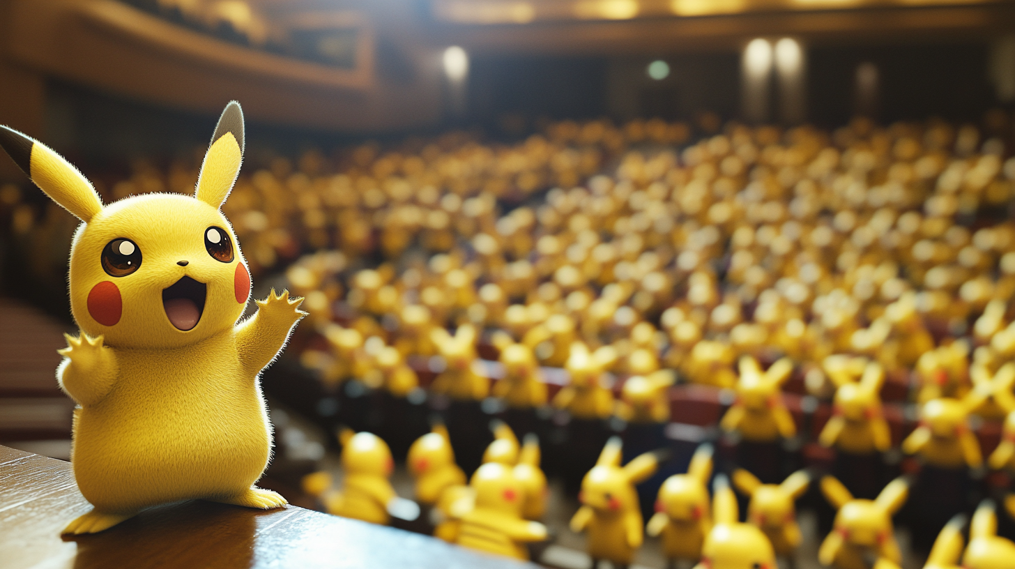 A Pikachu giving speech in front of audience.