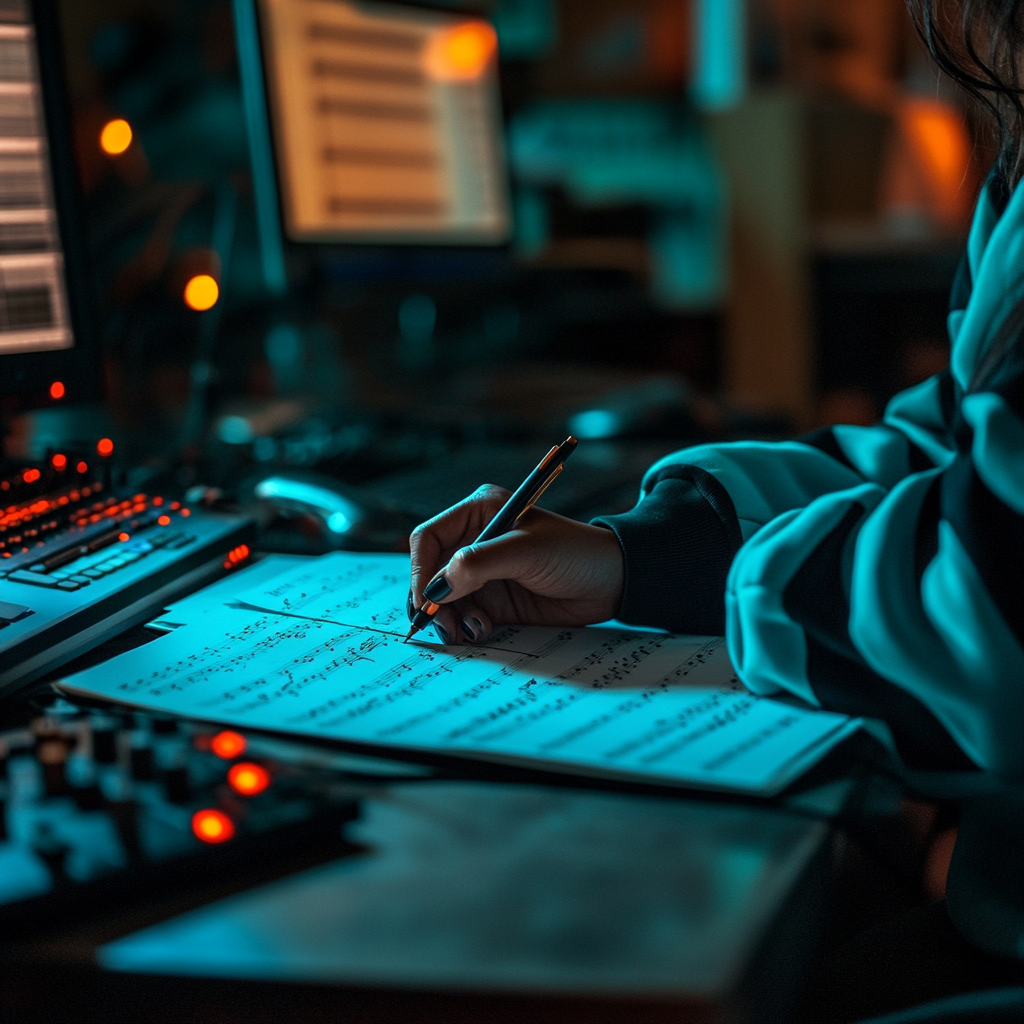 A black woman writing music at a producer's desk.