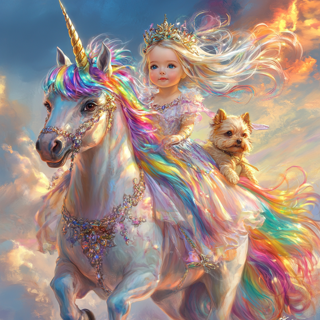 A girl, unicorn with rainbow hair, crown, dress, puppy