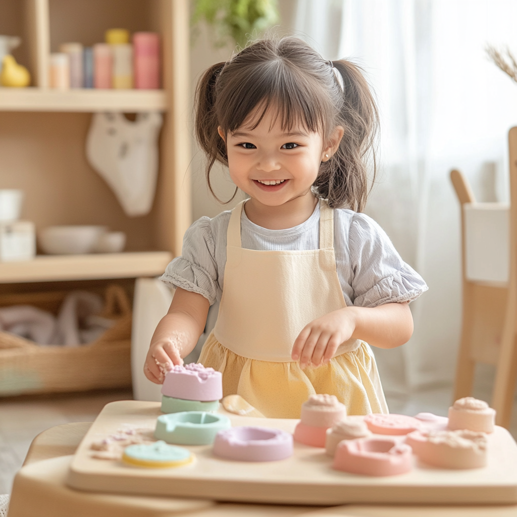 A little girl playing with pastel sand cake.