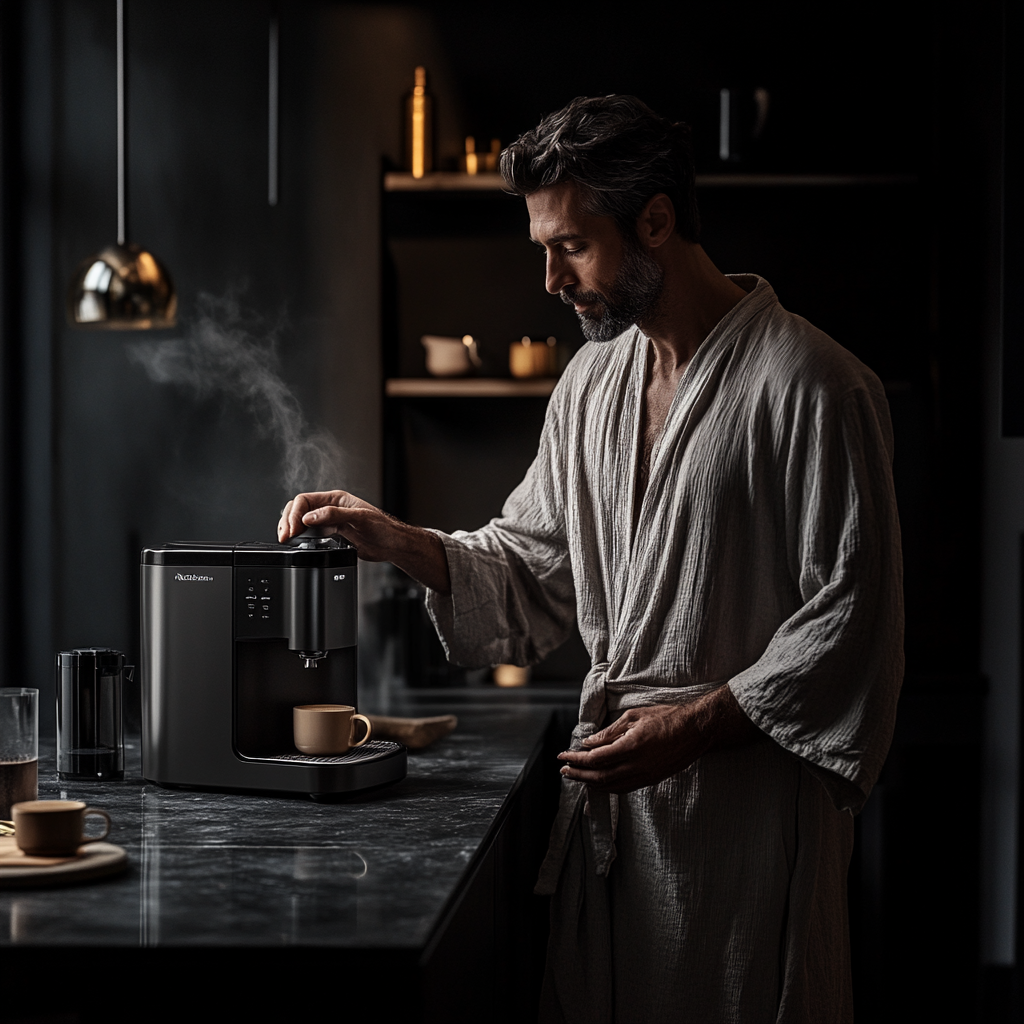 A photo of a man in kitchen using machine.