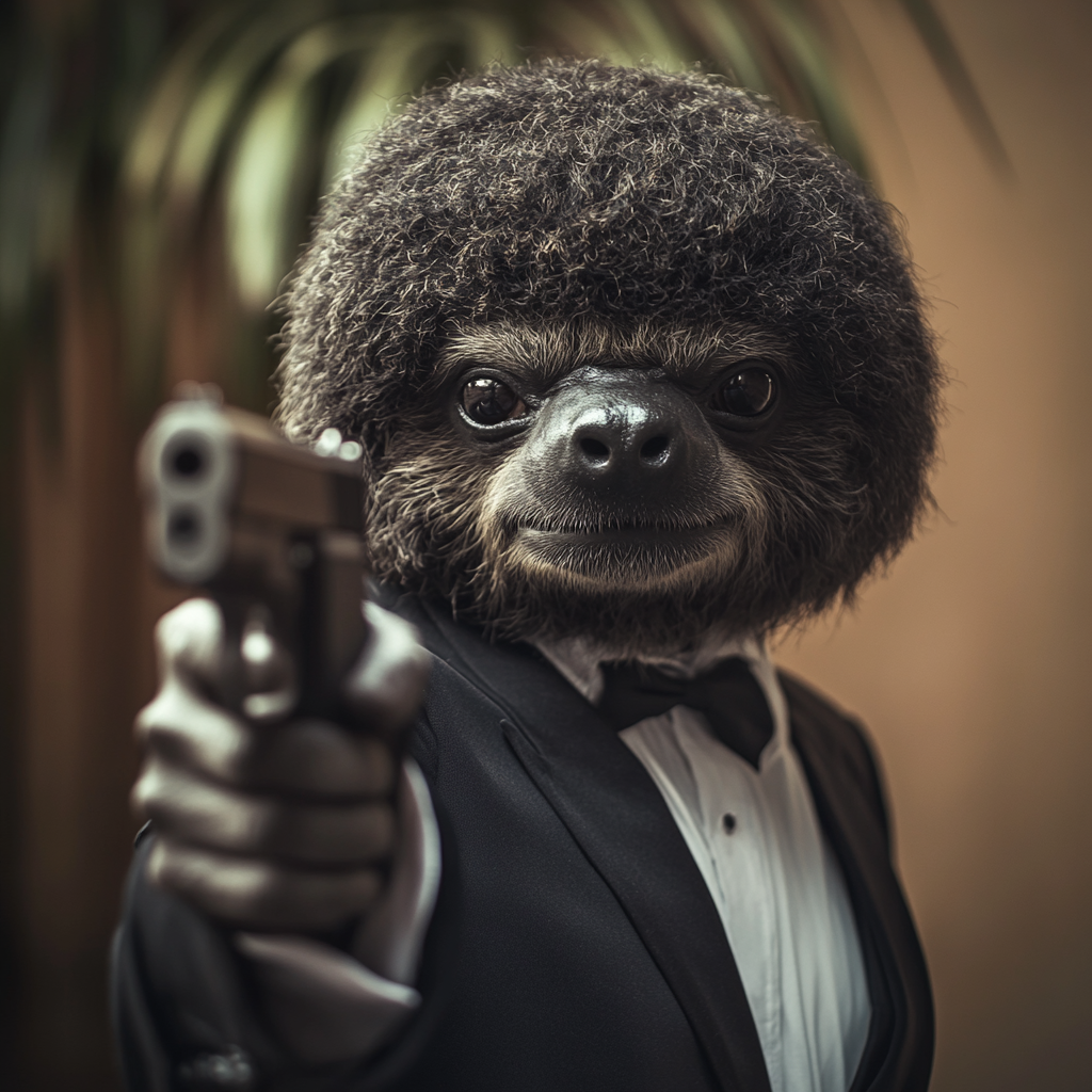 A sloth dressed as Jules from Pulp Fiction.