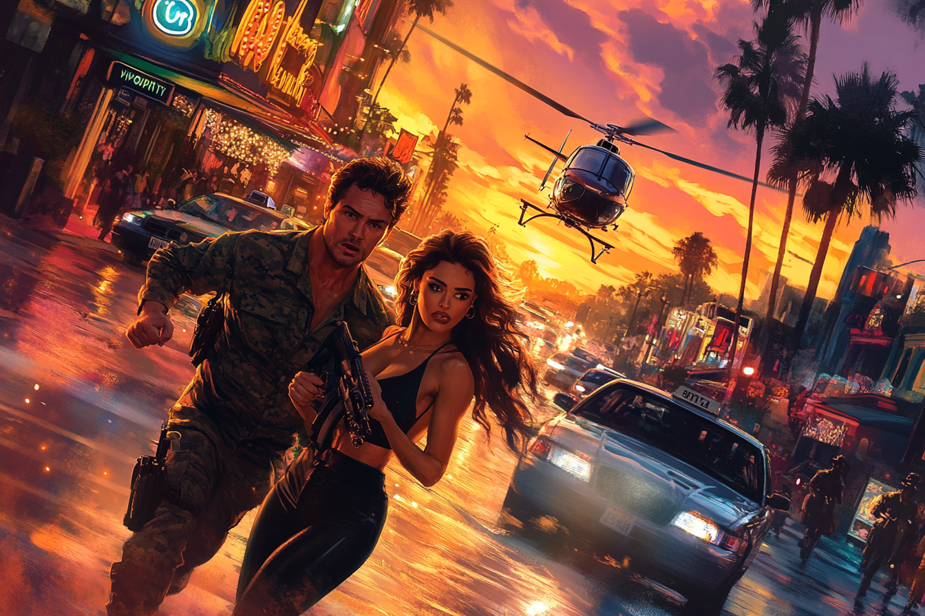 A soldier and actress run through busy LA street.