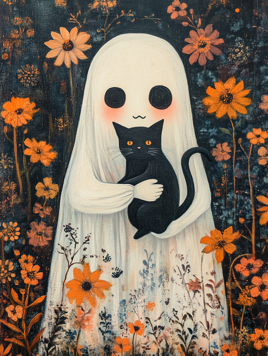 A spooky ghost with cat among autumn flowers. Vintage style.