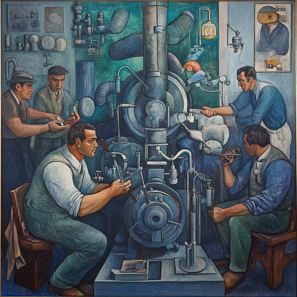 A themed painting by Diego Rivera featuring engineers at work.