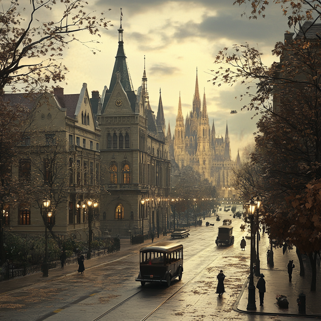 A vintage city scene with old buildings and cars.