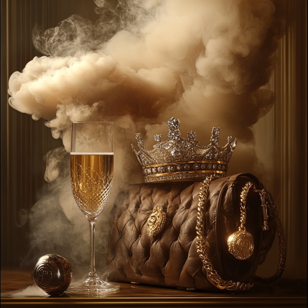 A vintage image of diamonds, gold crown, handbag, champagne.