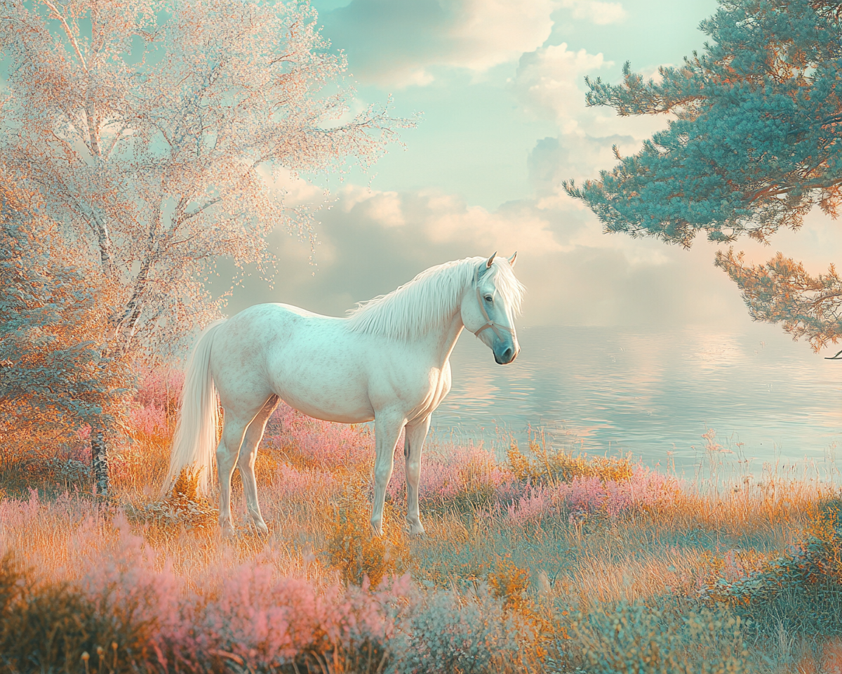 A white horse gazes at the sea horizon.