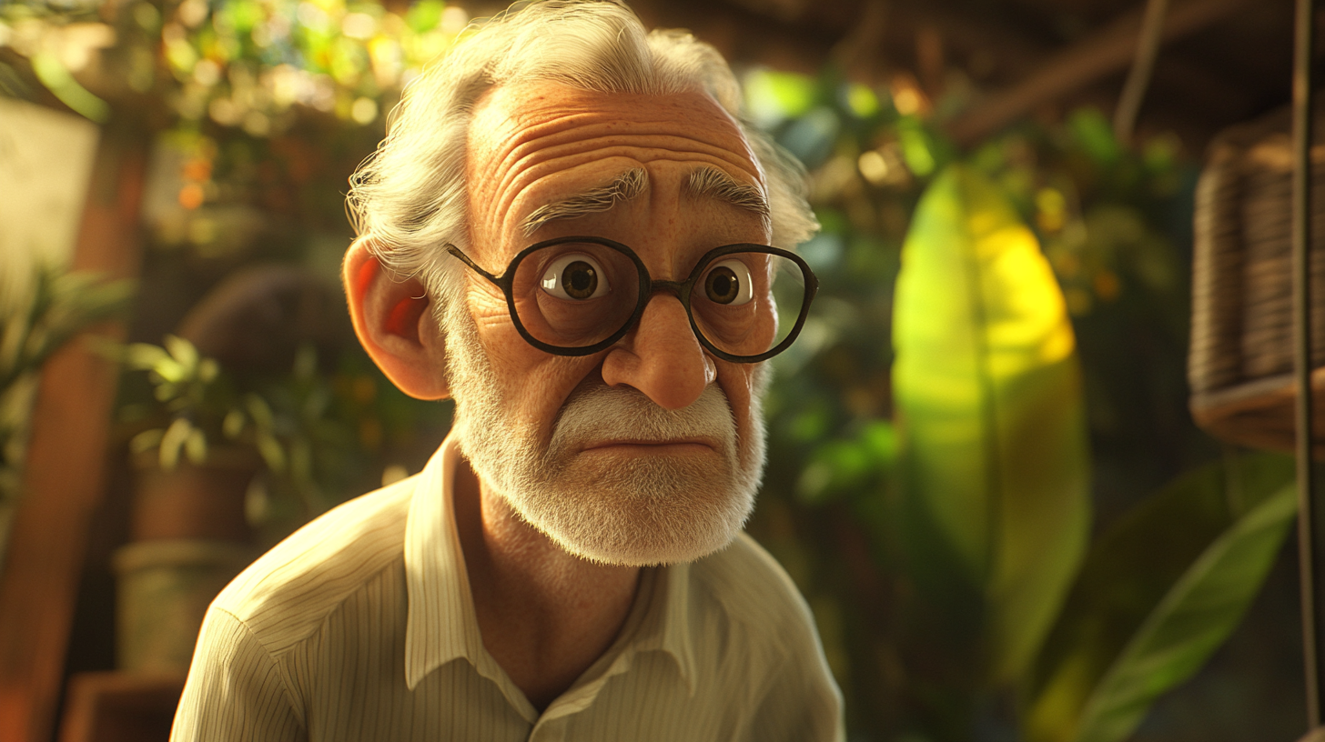 A wise grandpa in animated scene with chaotic jungle.