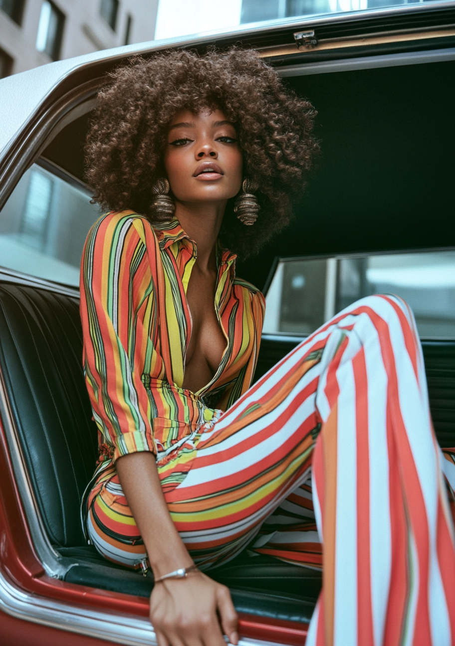 A woman in striped pants sits in NYC.