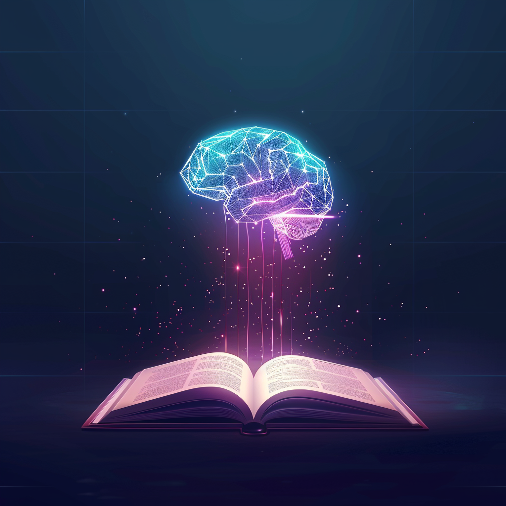 AI Brain Icon floating above open book or tablet.