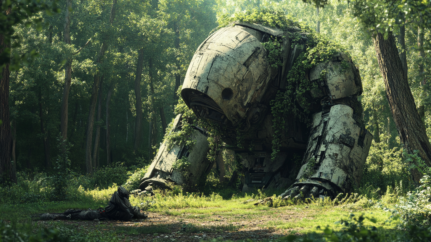 Abandoned giant robot in forest covered in nature.