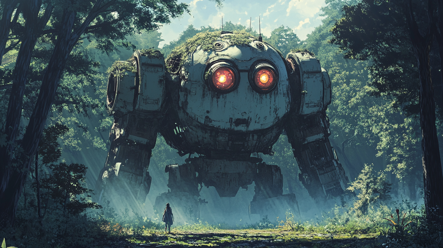 Abandoned giant robot in forest with glowing eyes.