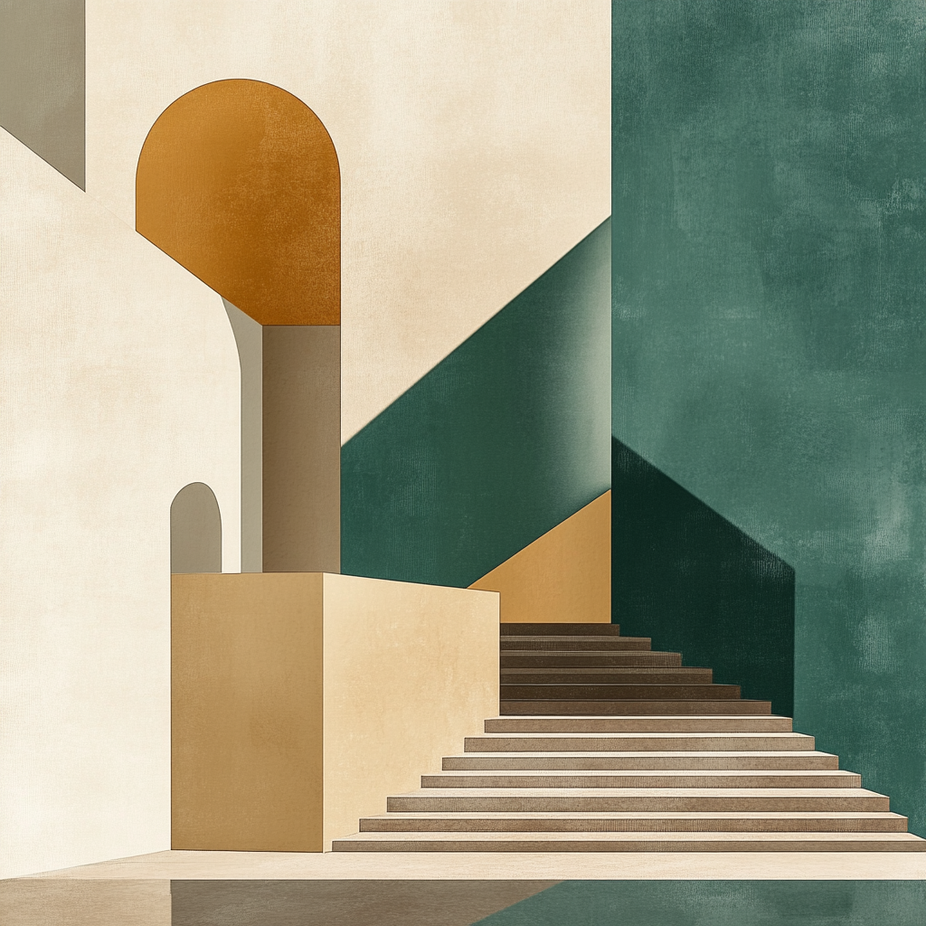 Abstract architectural design with warm ochre, teal, and beige.