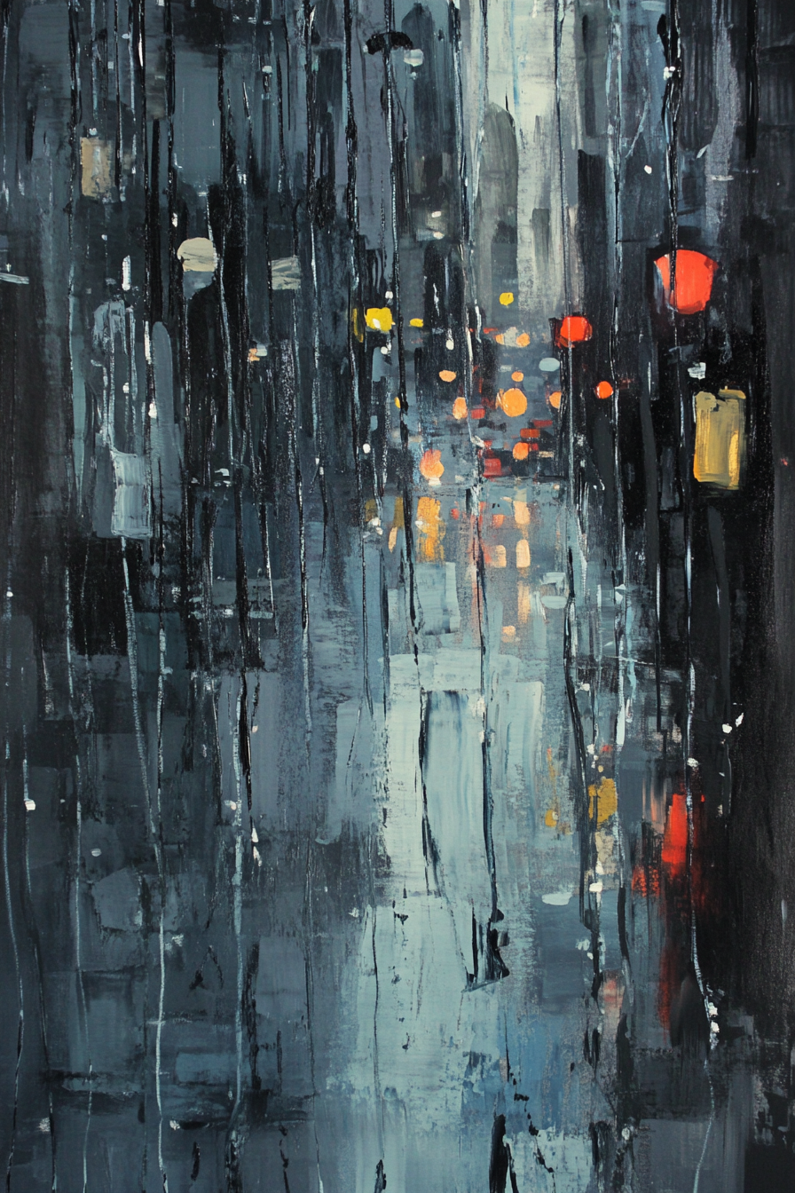 Abstract art of city rainstorm, muted colors, calming mood.