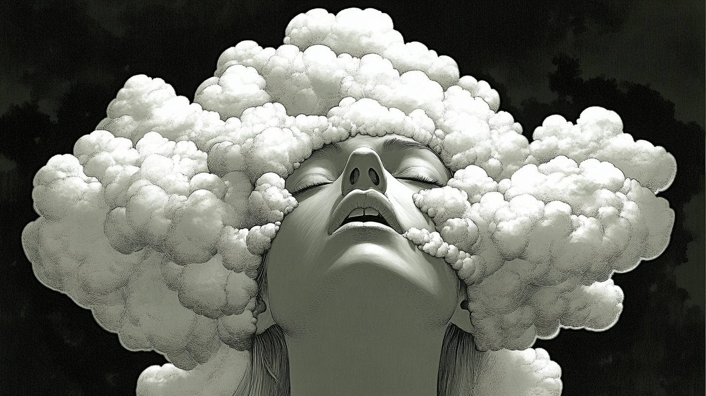 Abstract metaphor: white clouds cover woman's head.