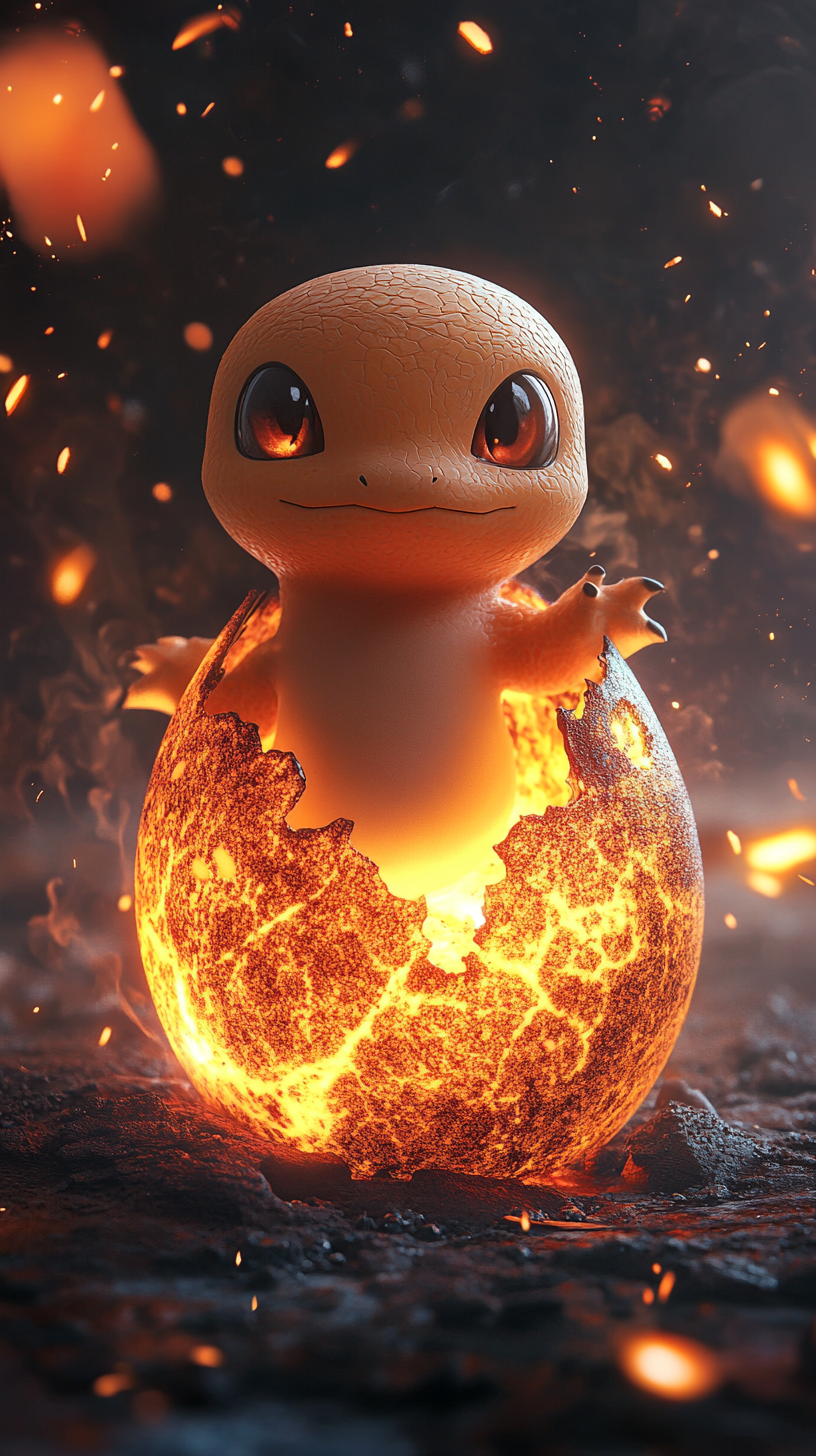 Adorable baby Charmander hatching from glowing egg with flames.