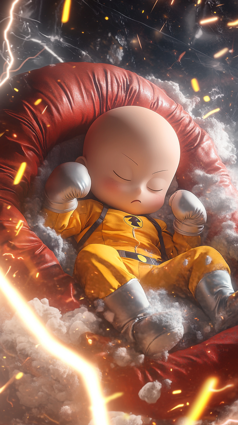 Adorable baby Saitama in superhero cradle with Genos plush.